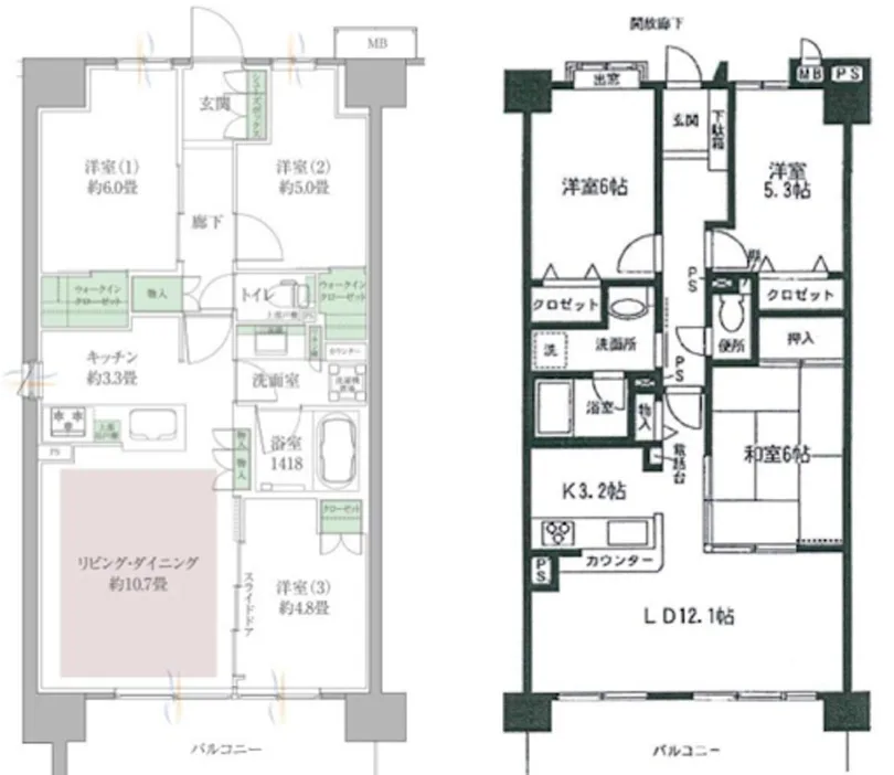 ※左側が今の間取り、右側が30年前の間取り